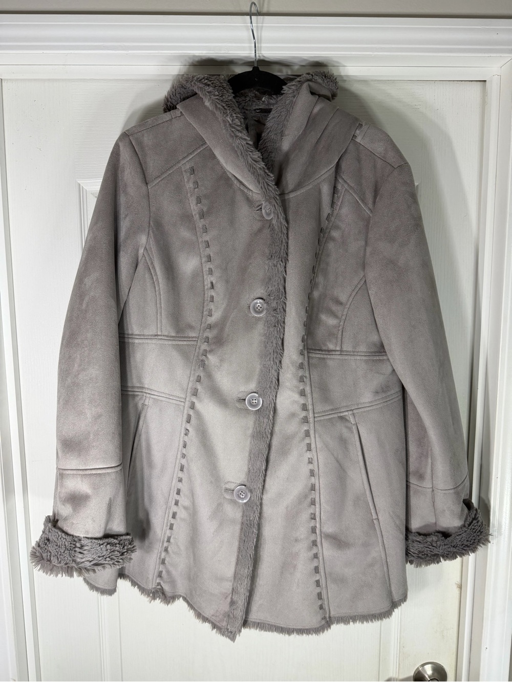 Jones New York Light Gray Faux Suede Hooded Teddy Jacket Size XL